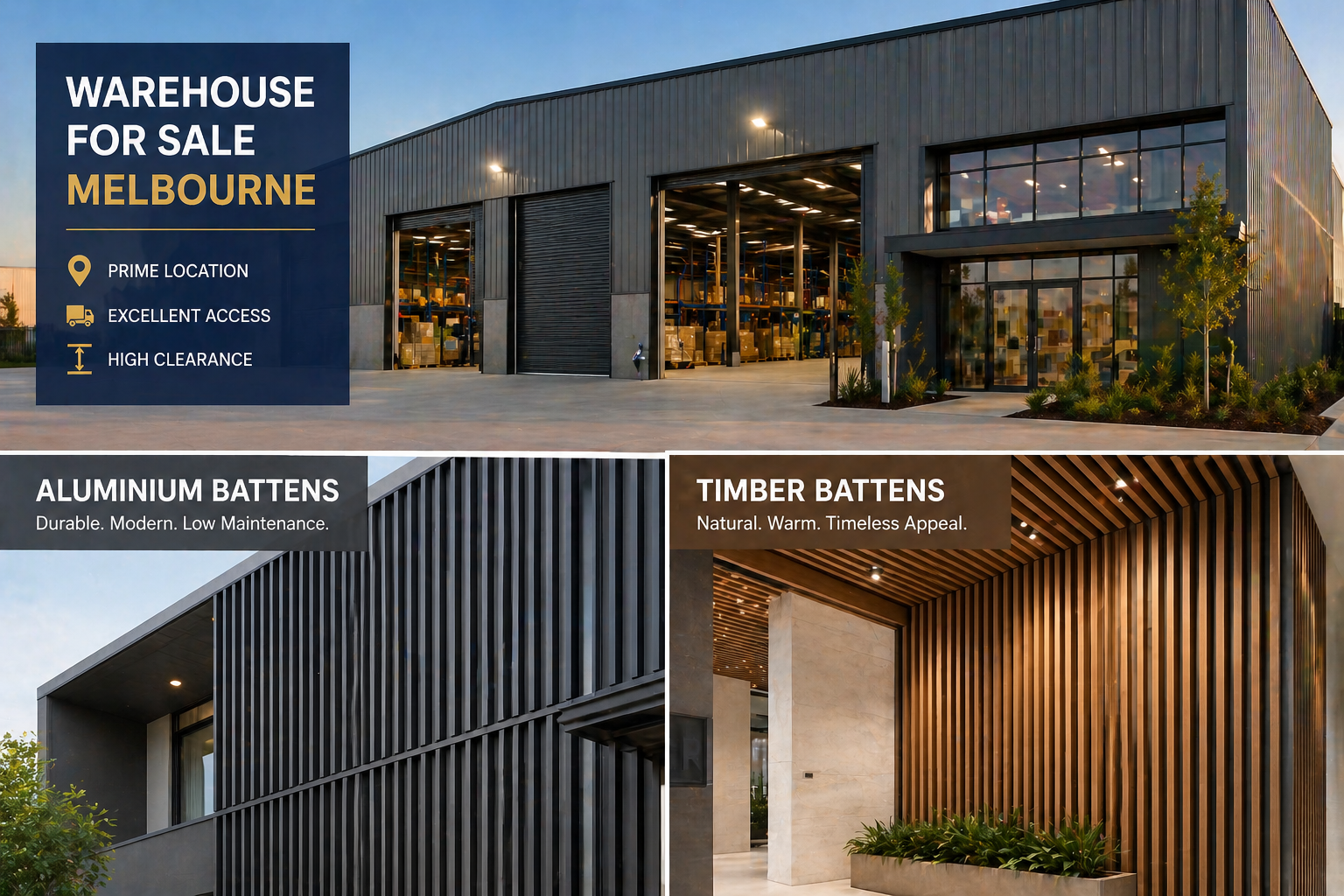 warehouse for sale melbourne with aluminium and timber battens