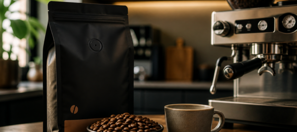 premium coffee beans with espresso machine in kitchen setting