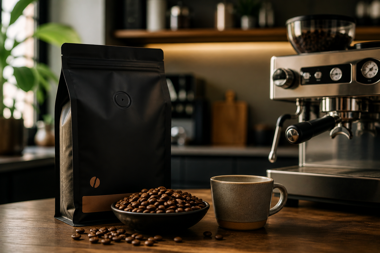 premium coffee beans with espresso machine in kitchen setting